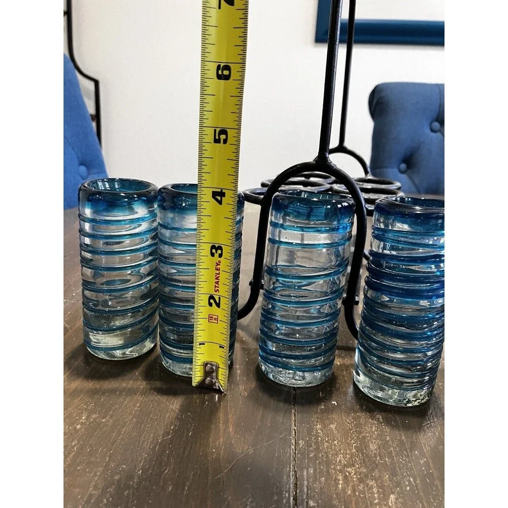 Set of 6 Mexican Hand Blown Confetti shot glasses and Metal Carrier, holder